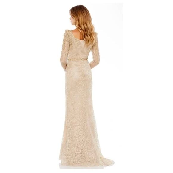Mac Duggal Golden Godess Crystal Lace Trumpet Evening Gown Sz 14 NWT - Picture 2 of 12